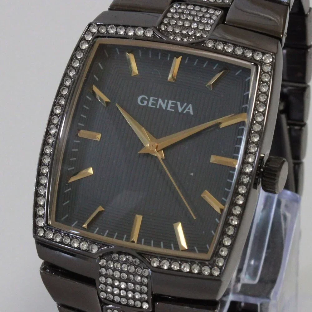 Geneva Men's Tank Style Quarts Watch Gun Metal Grey With Stone Accents 37mm